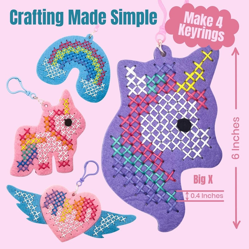 CRAFTILOO My First Cross Stitch Kit for Kids Ages 6–12 – Beginner Needlepoint Set with Pre-Cut Felt, Thread & Keyrings – Makes 4 Colorful Designs: Unicorn, Rainbow, Winged Heart - Image 4